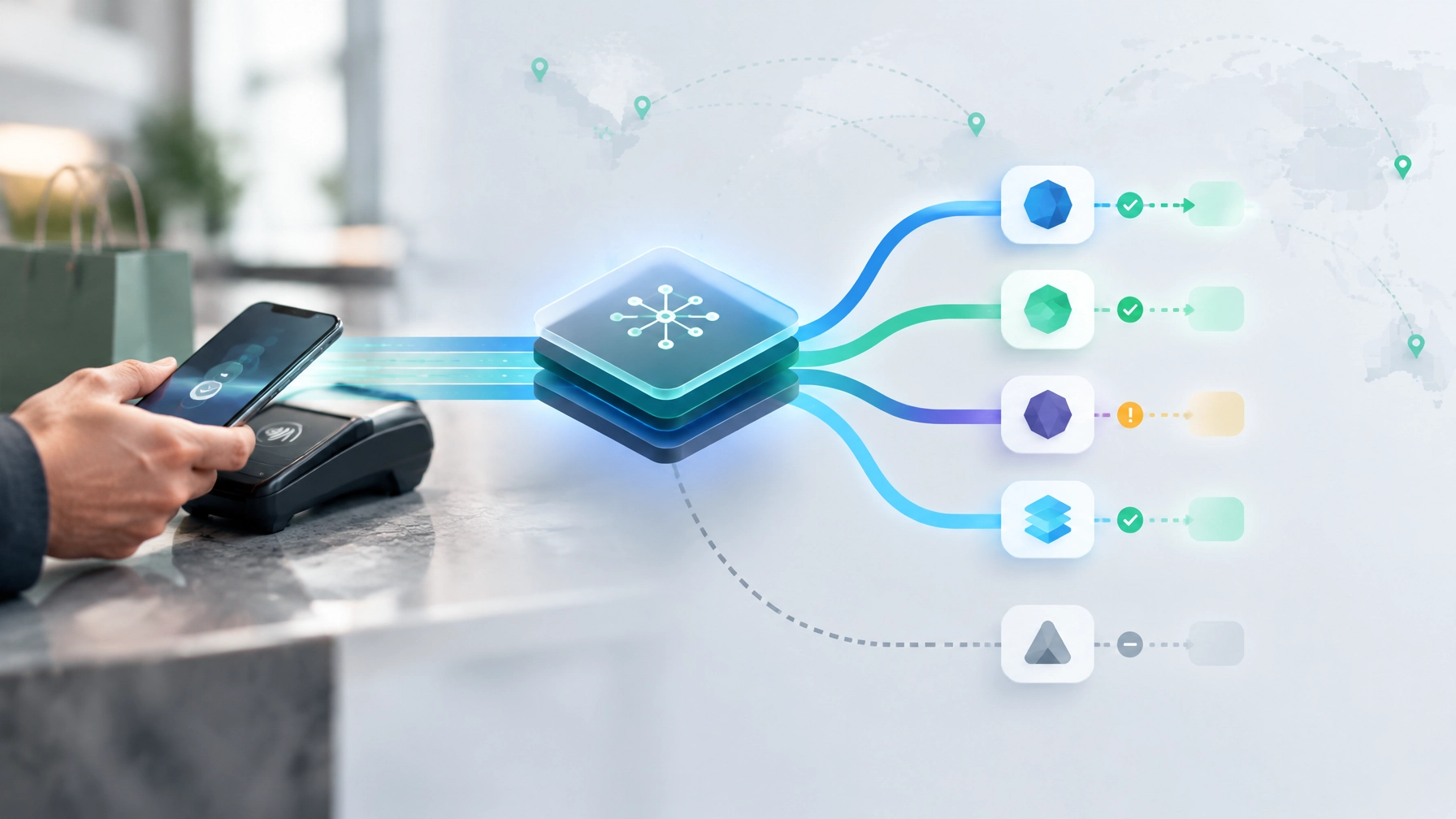 Conceptual payment infrastructure connecting a merchant to multiple potential processing routes