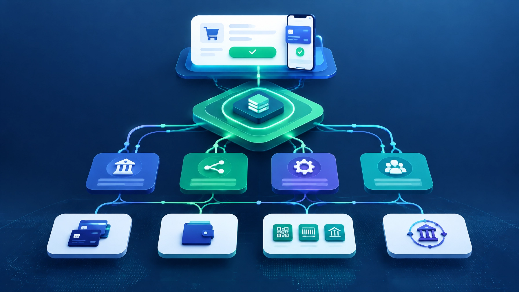 Layered payment architecture showing checkout, orchestration, gateways, acquirers, wallets, and local payment rails
