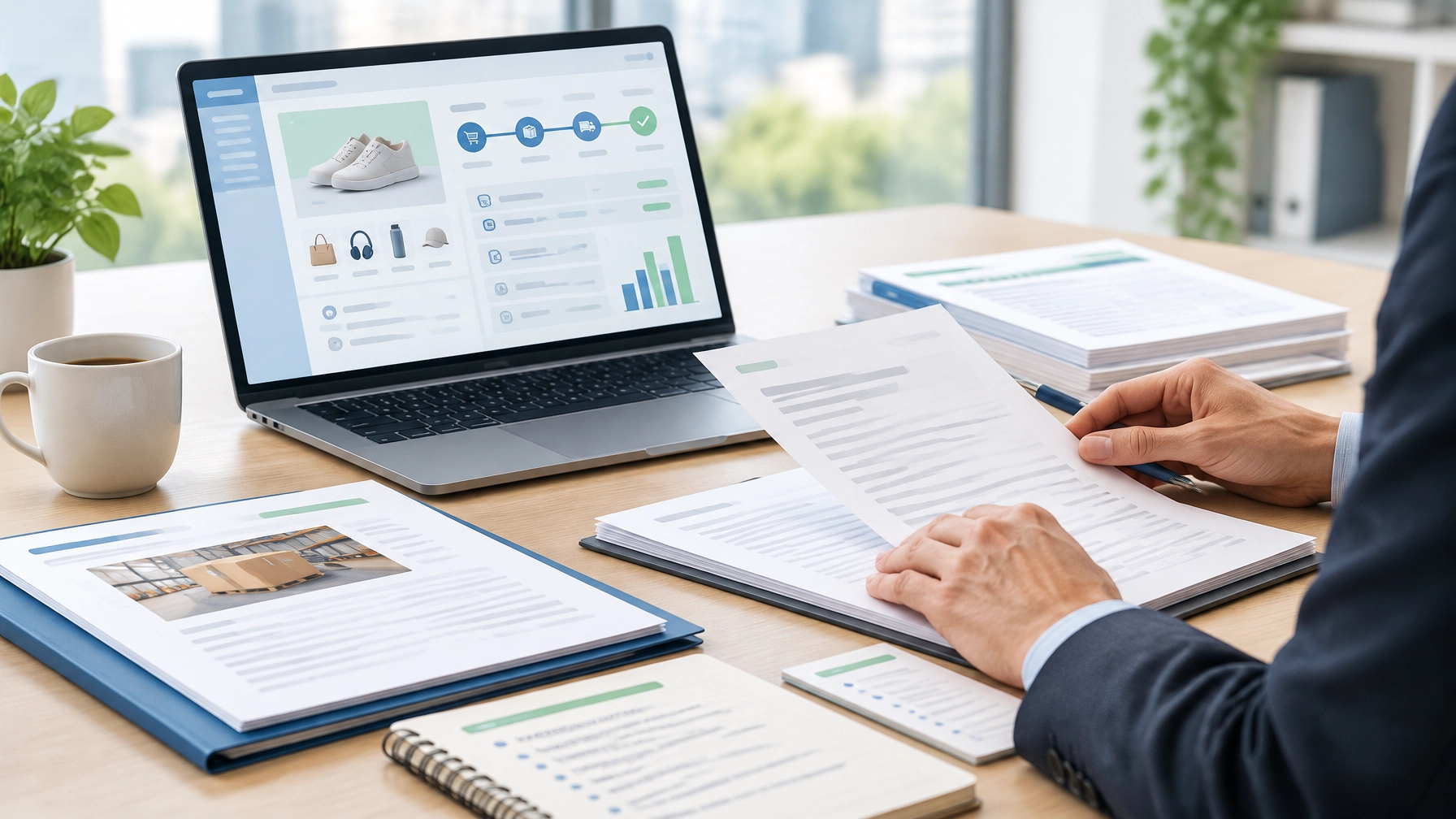 Merchant documentation and a laptop illustrating business-model and operational review